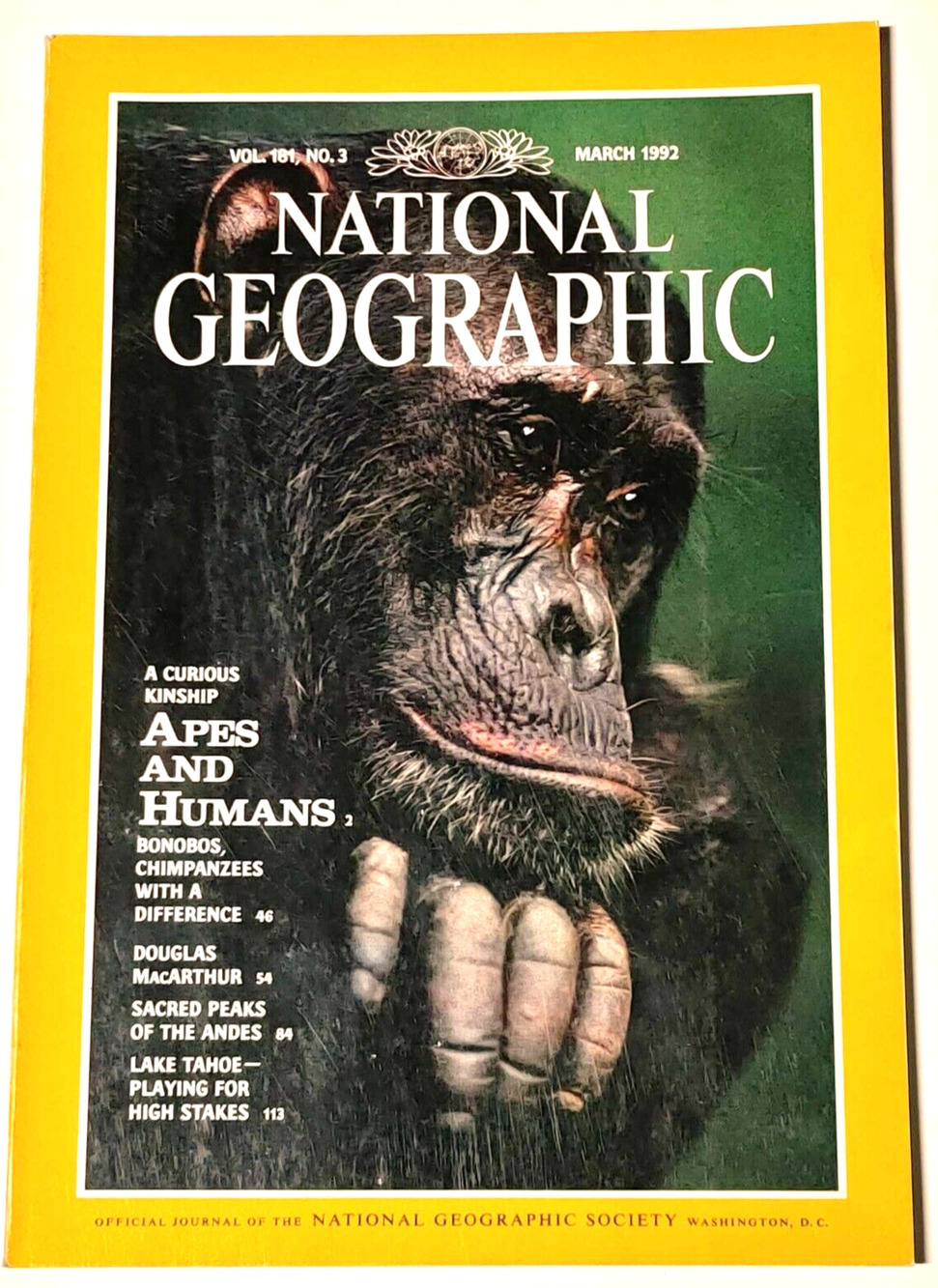 March 1992 National Geographic Magazine Apes and Humans Chimpanzees Andes Peaks